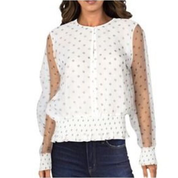 BAR III Women’s White Sheer Polka Dot Long Sleeve V Neck Top - Picture 4 of 9